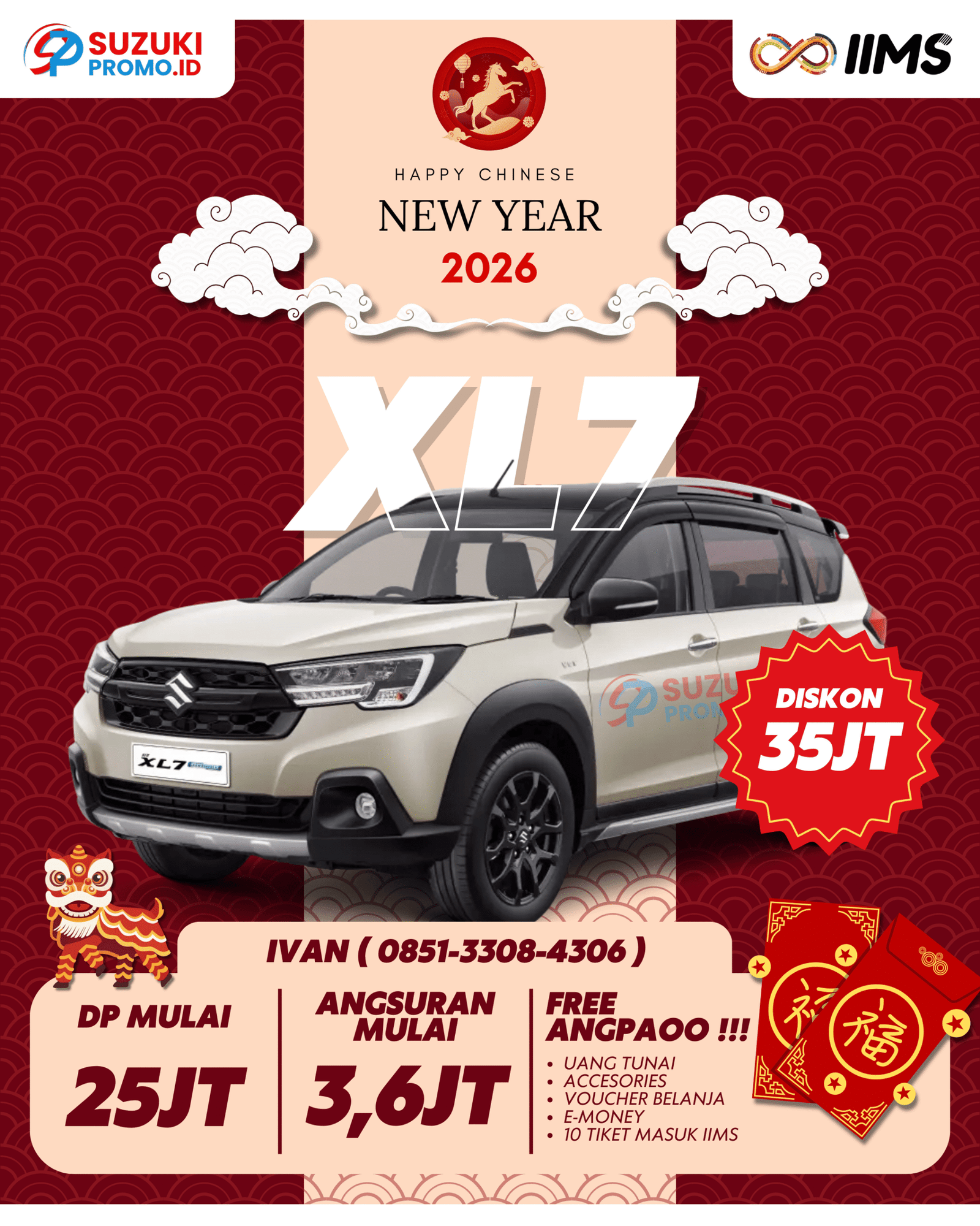 Promo Suzuki XL7 2026 – SUV 7-penumpang dengan mesin 1.5L, fitur keselamatan lengkap seperti ABS dan Hill Hold Control, cicilan mulai Rp3,6 juta, bunga 0%, harga mulai Rp275 juta. Hubungi Ivan Maulana di 085133084306.