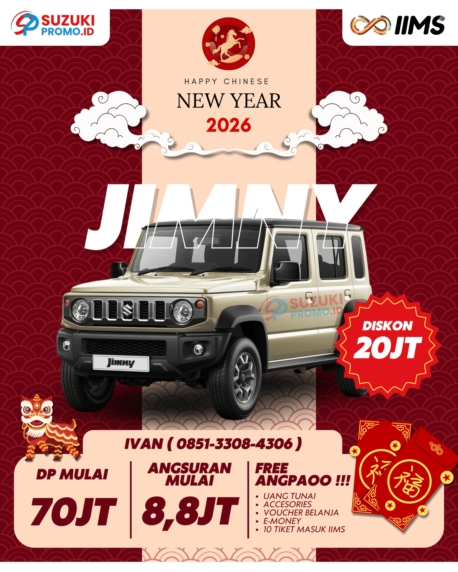 Suzuki Jimny 5 pintu warna krem tampil dari sudut depan kanan dalam materi promosi, menonjolkan desain tangguh dan fitur off-road 4WD.