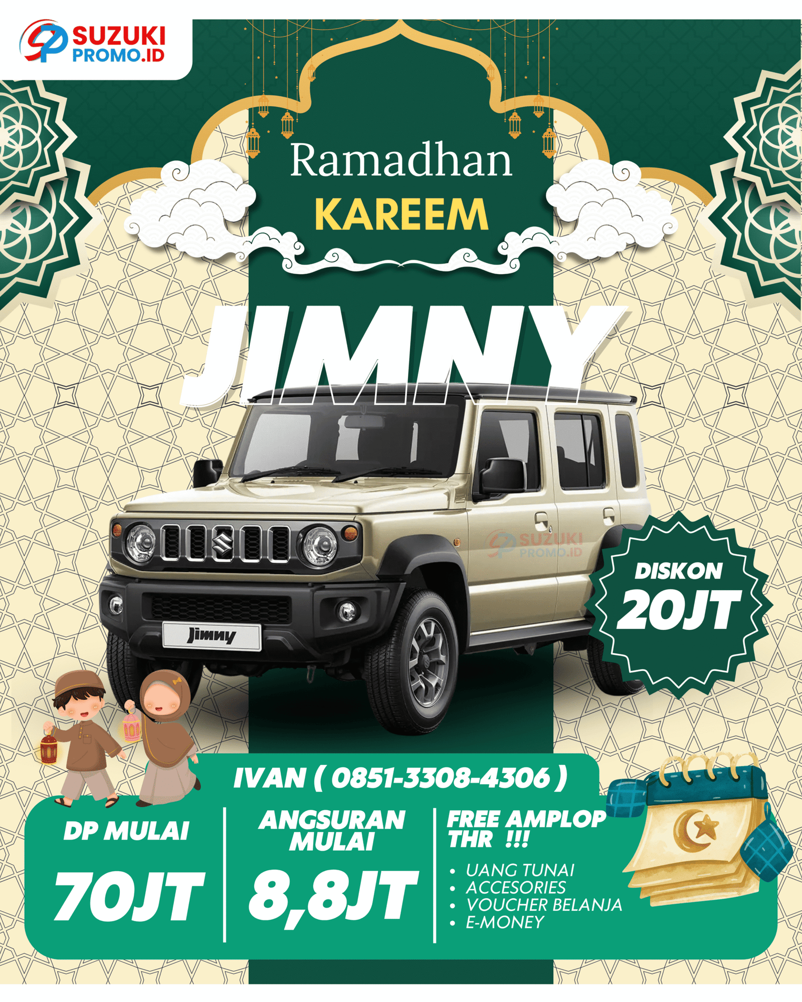 Suzuki Jimny 5 pintu warna krem tampil dari sudut depan kanan dalam materi promosi, menonjolkan desain tangguh dan fitur off-road 4WD.