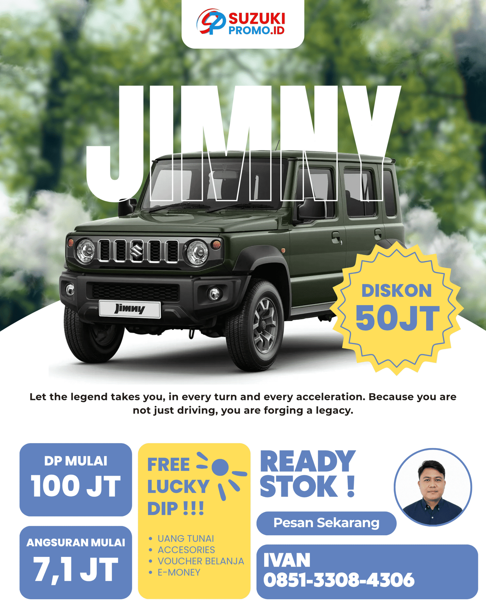 Suzuki Jimny 5 pintu warna putihtampil dari sudut depan kanan dalam materi promosi, menonjolkan desain tangguh dan fitur off-road 4WD.