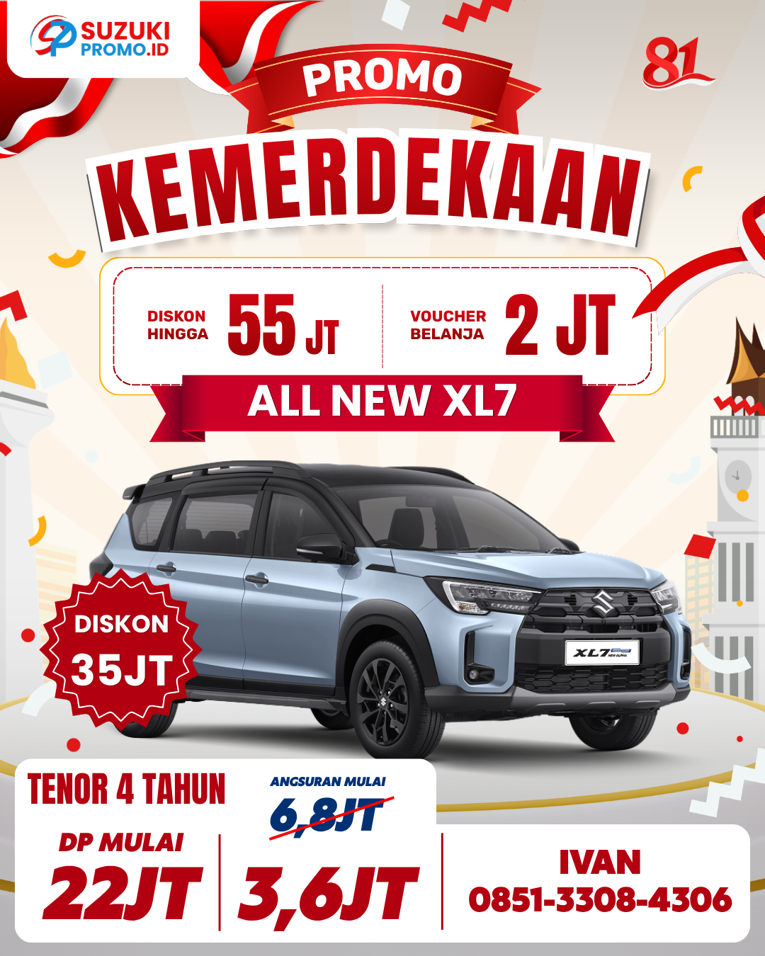 Promo Suzuki XL7 2026 – SUV 7-penumpang dengan mesin 1.5L, fitur keselamatan lengkap seperti ABS dan Hill Hold Control, cicilan mulai Rp3,6 juta, bunga 0%. Hubungi Ivan Maulana di 085133084306.