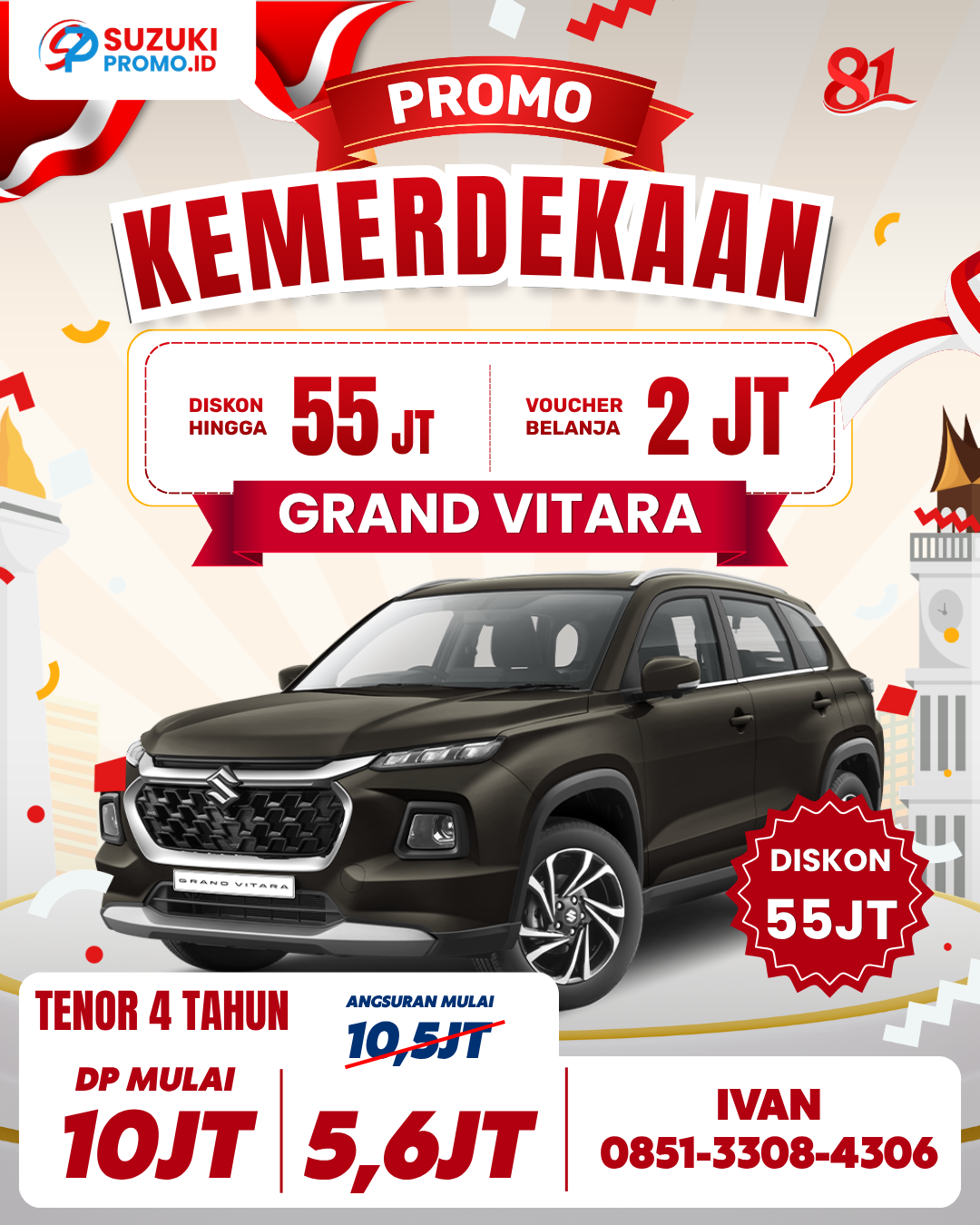 Promo Suzuki Grand Vitara 2026 – SUV hybrid stylish dengan fitur lengkap, cicilan mulai Rp5,6 juta, bunga 0%. Hubungi Ivan Maulana di 085133084306.