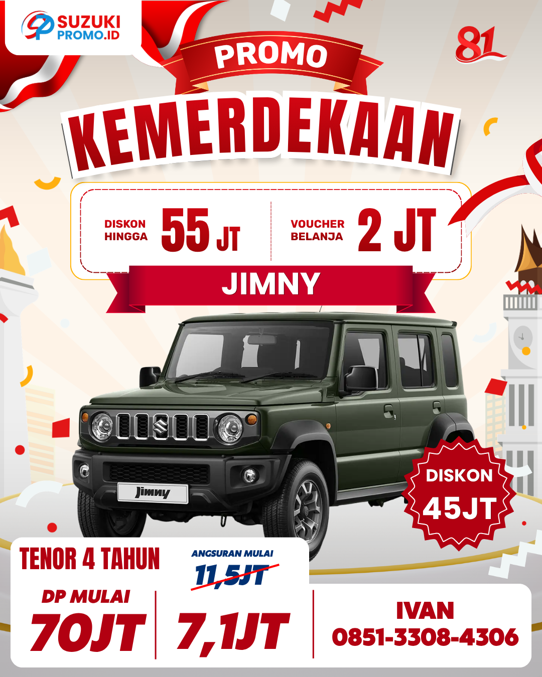 Suzuki Jimny 5 pintu warna putihtampil dari sudut depan kanan dalam materi promosi, menonjolkan desain tangguh dan fitur off-road 4WD.