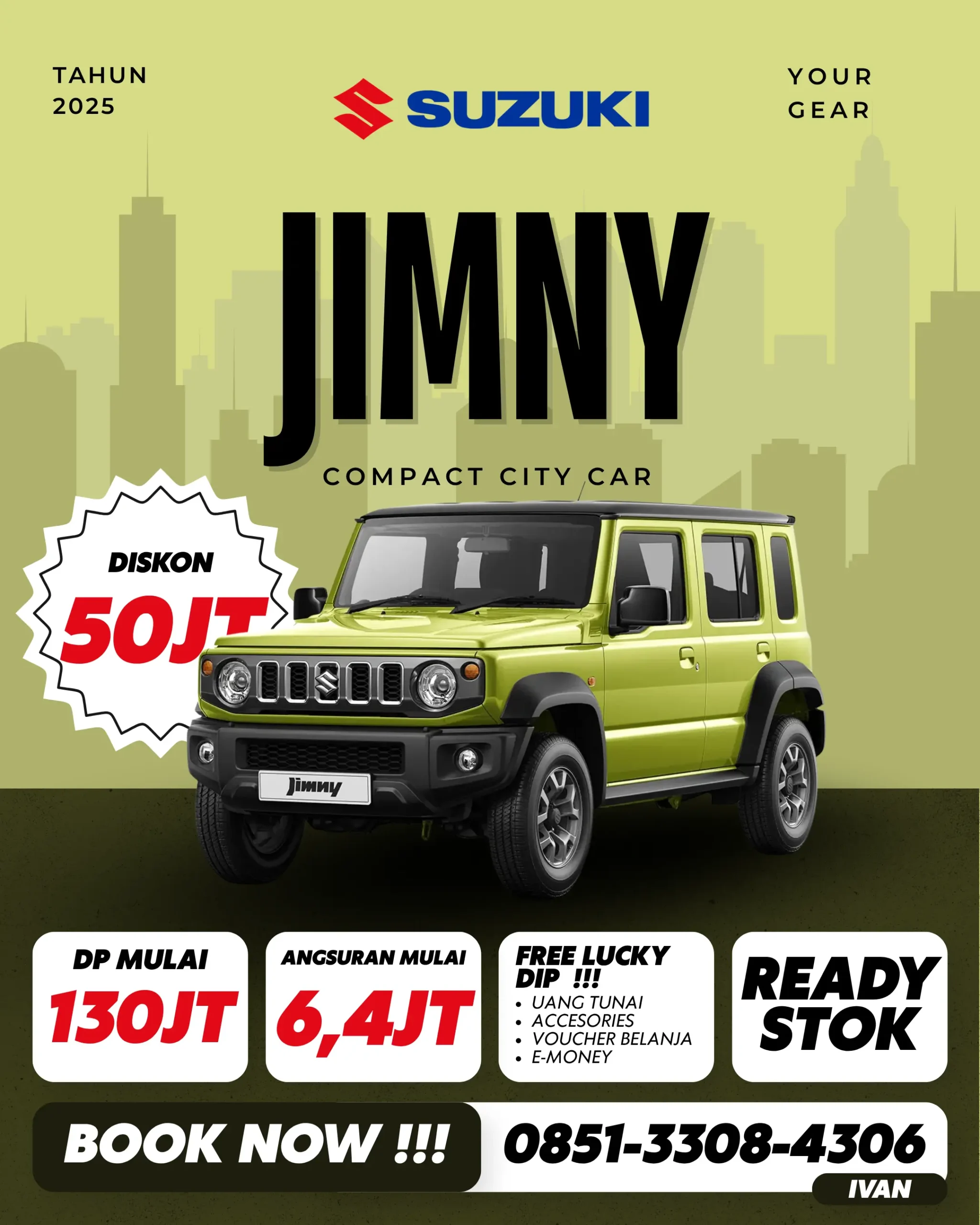 Suzuki Jimny 5 pintu warna putihtampil dari sudut depan kanan dalam materi promosi, menonjolkan desain tangguh dan fitur off-road 4WD.